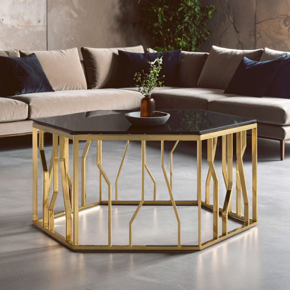 Alvaro Gold Stainless Steel Hexagonal Coffee Table with Black Glass Top