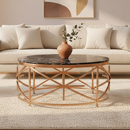 Alvaro Rose Gold Stainless Steel Coffee Table with Black Marble Top