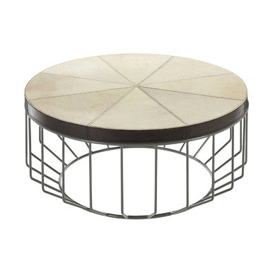Genuine Leather Coffee Table with Distressed Grey Iron Cage Base | Kensington Townhouse