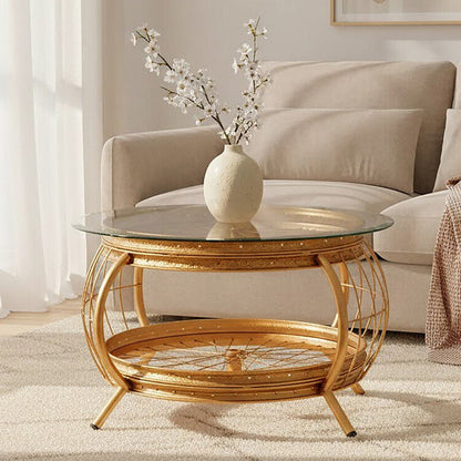Clear Glass Top Coffee Table with Gold Finish Bamboo and Iron Frame | Mantis