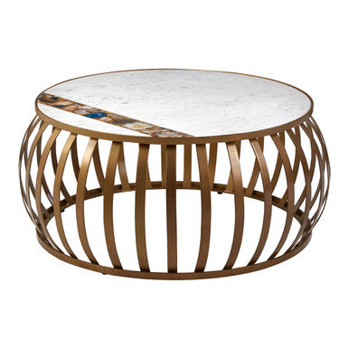 Semi-Precious Agate and White Marble Top Round Coffee Table with Brass Finish Iron Base | Vizzini