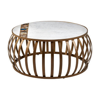 Semi-Precious Agate and White Marble Top Round Coffee Table with Brass Finish Iron Base | Vizzini