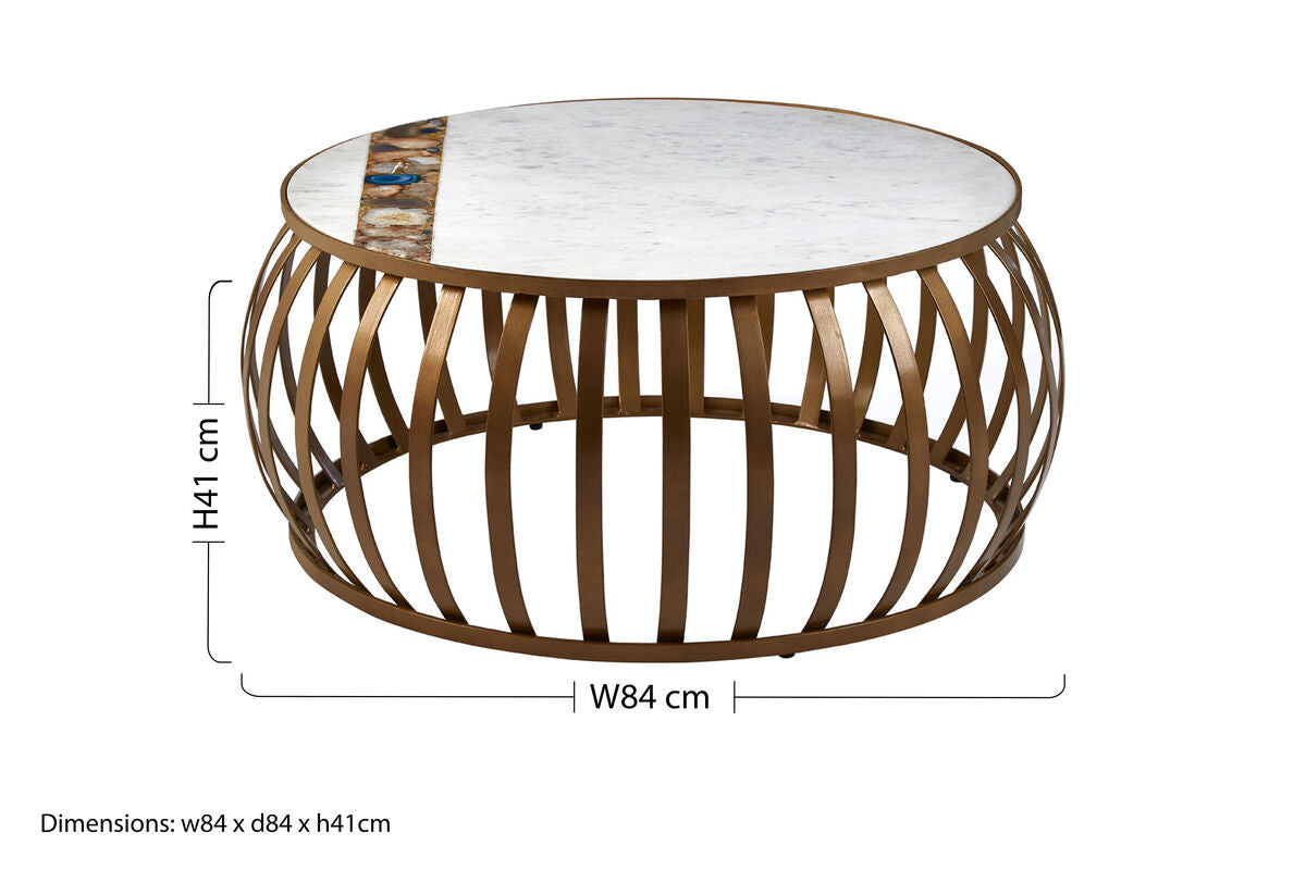 Semi-Precious Agate and White Marble Top Round Coffee Table with Brass Finish Iron Base | Vizzini