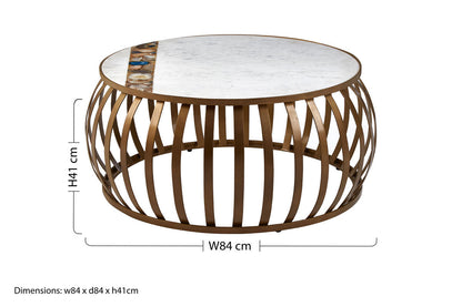 Semi-Precious Agate and White Marble Top Round Coffee Table with Brass Finish Iron Base | Vizzini