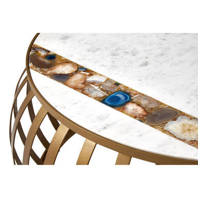 Semi-Precious Agate and White Marble Top Round Coffee Table with Brass Finish Iron Base | Vizzini