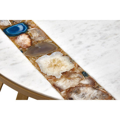 Semi-Precious Agate and White Marble Top Round Coffee Table with Brass Finish Iron Base | Vizzini