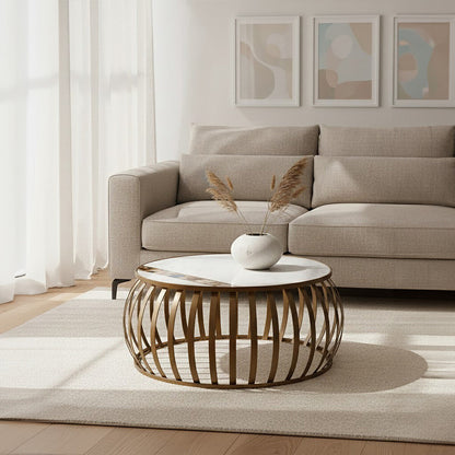 Semi-Precious Agate and White Marble Top Round Coffee Table with Brass Finish Iron Base | Vizzini