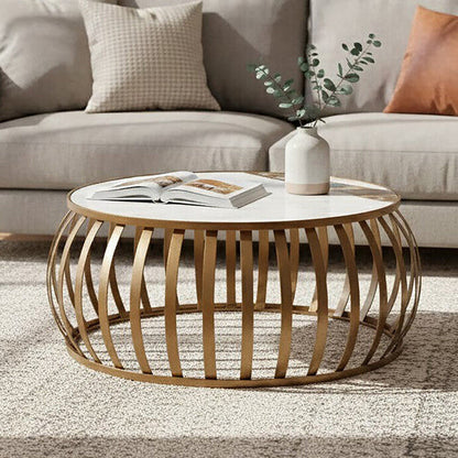 Semi-Precious Agate and White Marble Top Round Coffee Table with Brass Finish Iron Base | Vizzini