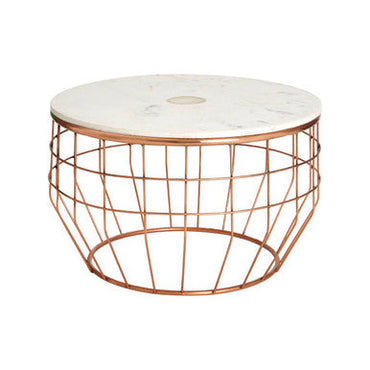 White Marble Top Coffee Table with Agate Inset and Copper Iron Wireframe Base | Vizzini