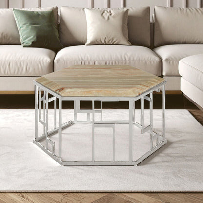 Natural Onyx Stone Top Hexagonal Coffee Table with Wavy Banding and Silver Stainless Steel Frame | Relic