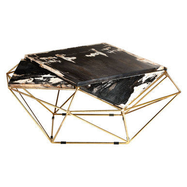 Rustic Dark Petrified Wood Coffee Table with Gold Brass Geometric Frame | Relic