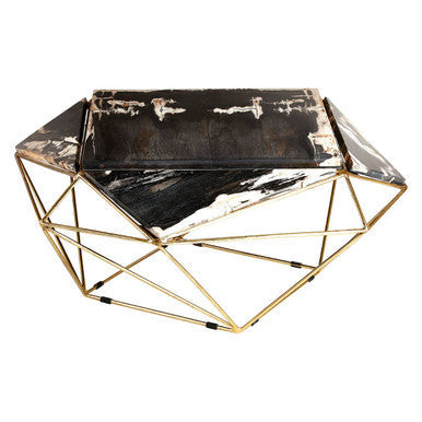 Rustic Dark Petrified Wood Coffee Table with Gold Brass Geometric Frame | Relic