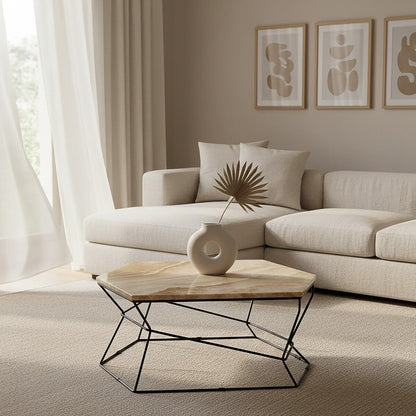 Natural Onyx Stone Top Coffee Table with Black Wireframe Base | Relic