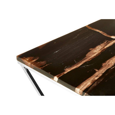 Dark Petrified Wood Top Coffee Table with Prominent Graining and Silver Stainless Steel Frame | Relic
