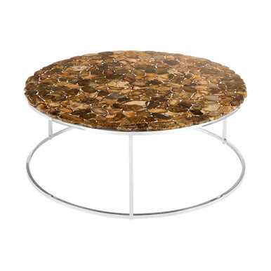 Natural Agate Top Round Coffee Table with Reflective Stainless Steel Base | Relic