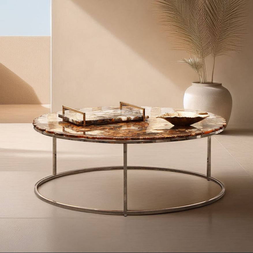 Natural Agate Top Round Coffee Table with Reflective Stainless Steel Base | Relic