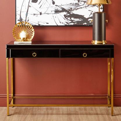 Gloss Black Wooden Cabinet Console Table with 2 Drawers and Gold Metal Frame | Kensington Townhouse