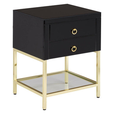 Gloss Black Wooden Cabinet Side Table with 2 Drawers and Gold Metal Frame | Kensington Townhouse