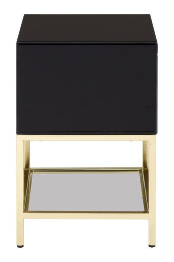 Gloss Black Wooden Cabinet Side Table with 2 Drawers and Gold Metal Frame | Kensington Townhouse