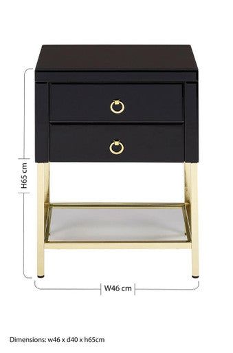 Gloss Black Wooden Cabinet Side Table with 2 Drawers and Gold Metal Frame | Kensington Townhouse