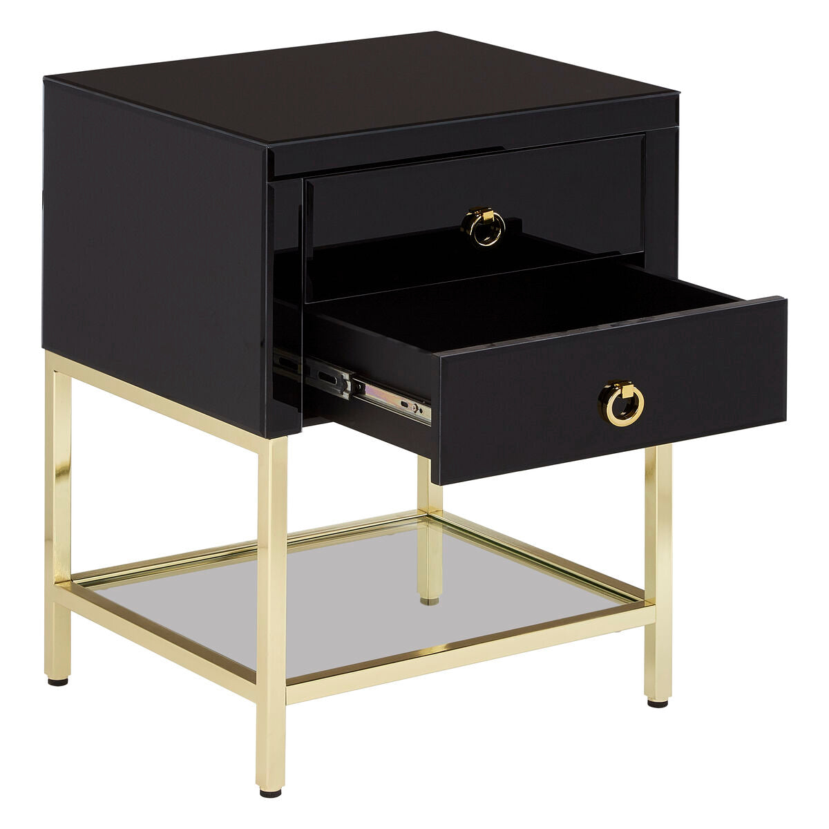 Gloss Black Wooden Cabinet Side Table with 2 Drawers and Gold Metal Frame | Kensington Townhouse