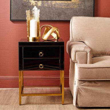 Gloss Black Wooden Cabinet Side Table with 2 Drawers and Gold Metal Frame | Kensington Townhouse