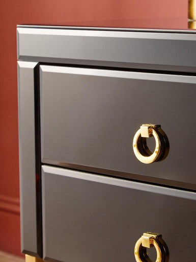 Gloss Black Wooden Cabinet Side Table with 2 Drawers and Gold Metal Frame | Kensington Townhouse