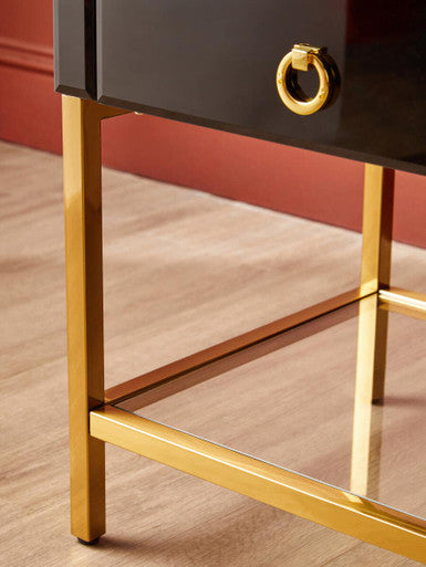 Gloss Black Wooden Cabinet Side Table with 2 Drawers and Gold Metal Frame | Kensington Townhouse