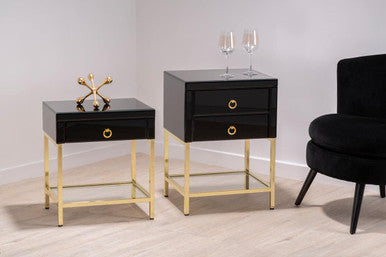 Gloss Black Wooden Cabinet Side Table with 2 Drawers and Gold Metal Frame | Kensington Townhouse