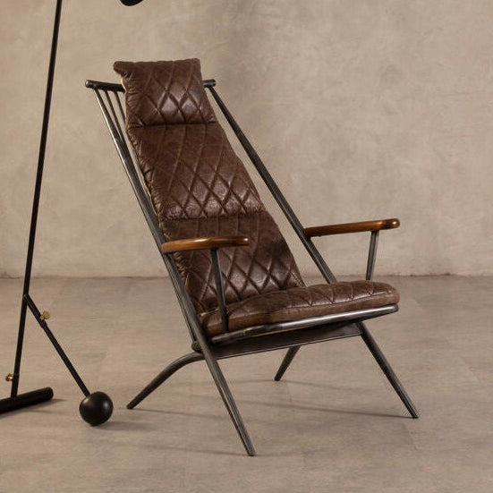 Hoxton Brown Quilted Leather Cocktail Chair with Ash Wood Armrests