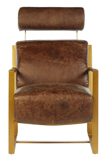 Hoxton Brown Leather Lounge Chair with Rose Gold Finish Iron Frame