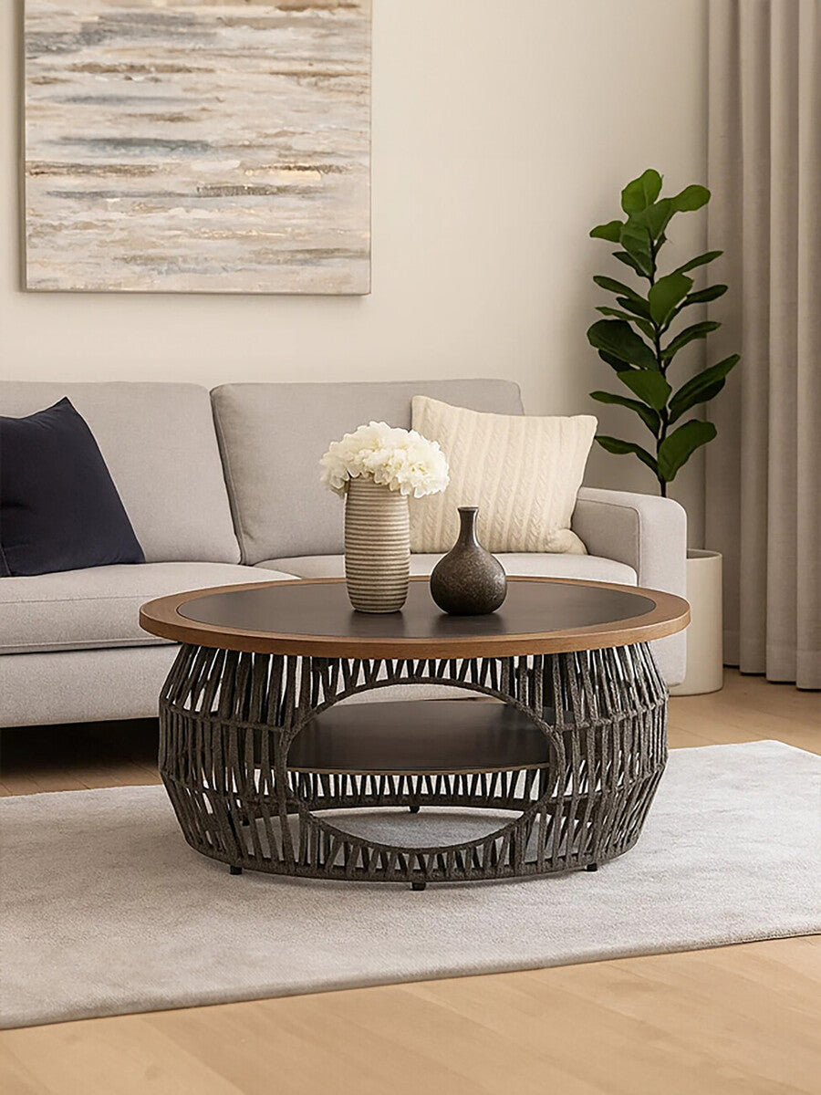 Grey Stone and Natural Wood Top Coffee Table with Rope Base | Opus