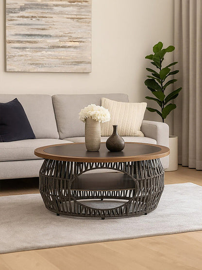 Grey Stone and Natural Wood Top Coffee Table with Rope Base | Opus