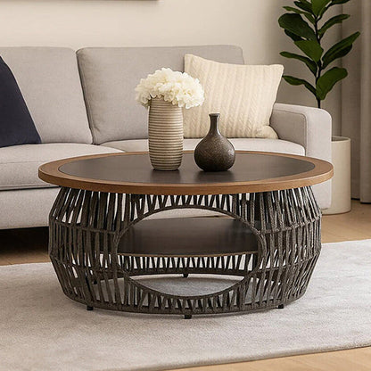 Grey Stone and Natural Wood Top Coffee Table with Rope Base | Opus