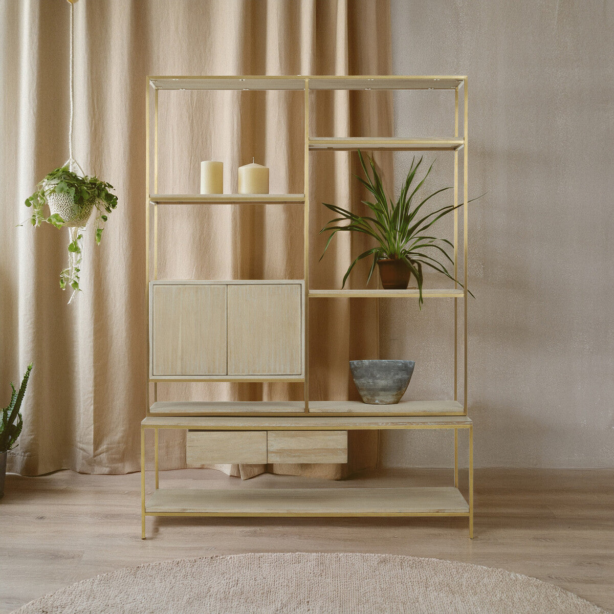Oak Wood and Gold Finish Shelf Unit | Modica