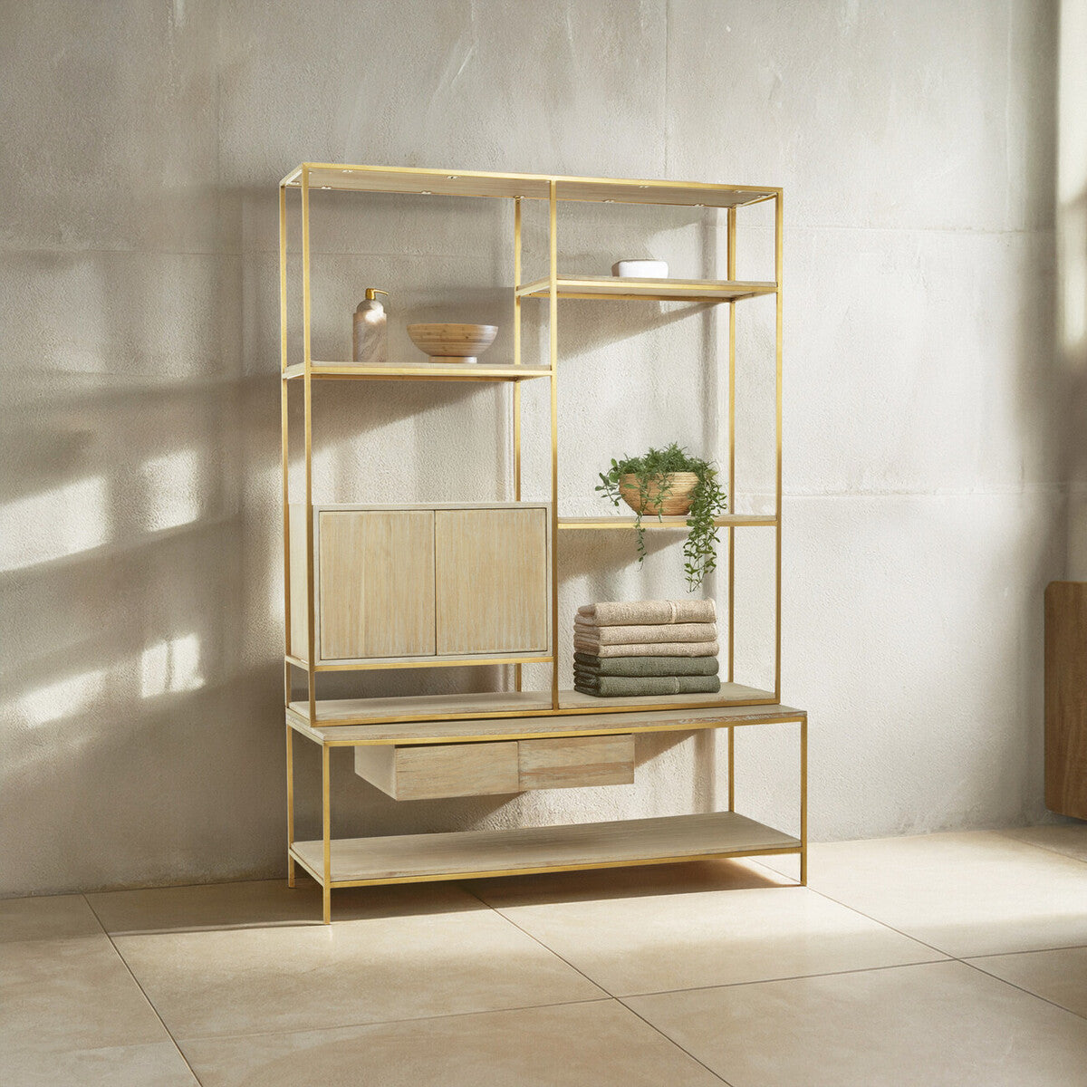 Oak Wood and Gold Finish Shelf Unit | Modica