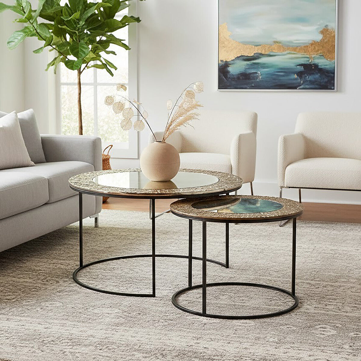Antiqued Glass Tops Set of 2 Round Nesting Coffee Tables with Black Metal Frame | Akola