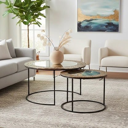 Antiqued Glass Tops Set of 2 Round Nesting Coffee Tables with Black Metal Frame | Akola