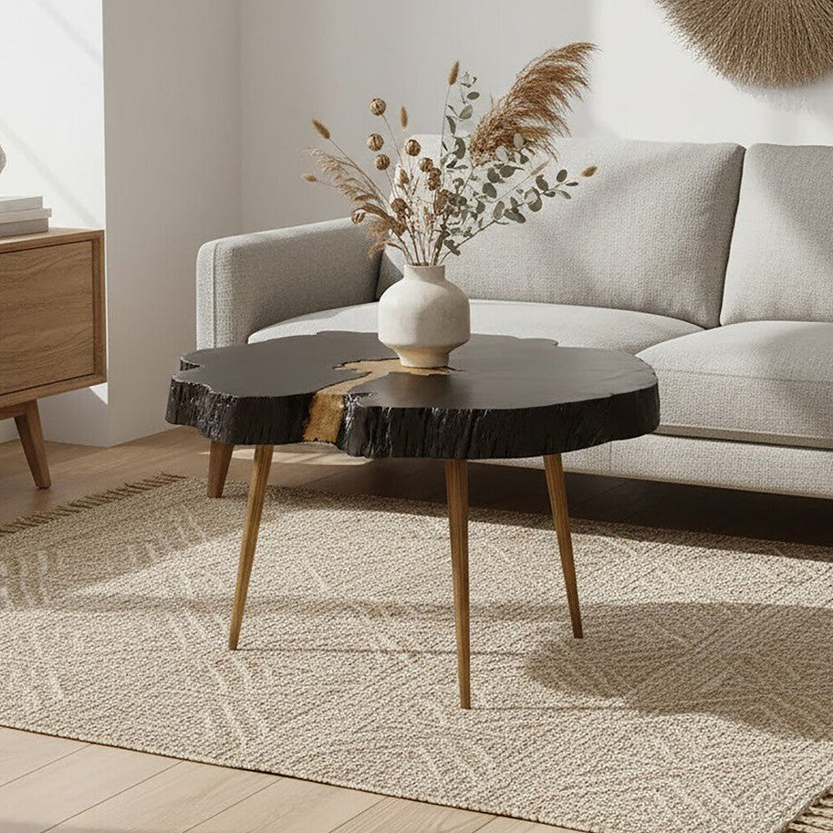 Asamra Black Acacia Wood Live Edge Coffee Table with Gold Finish Legs