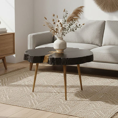 Asamra Black Acacia Wood Live Edge Coffee Table with Gold Finish Legs