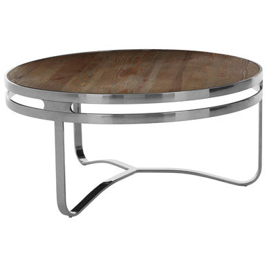 Natural Pine Wood Round Coffee Table with Metallic Silver Curved Leg Base | Richmond