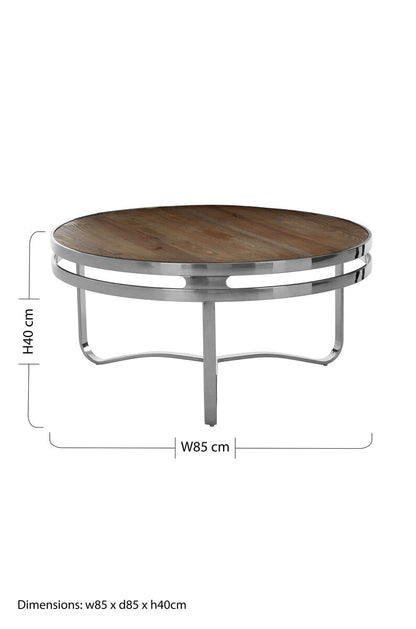 Natural Pine Wood Round Coffee Table with Metallic Silver Curved Leg Base | Richmond