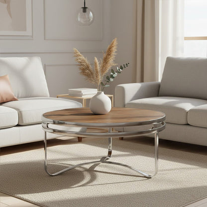 Natural Pine Wood Round Coffee Table with Metallic Silver Curved Leg Base | Richmond