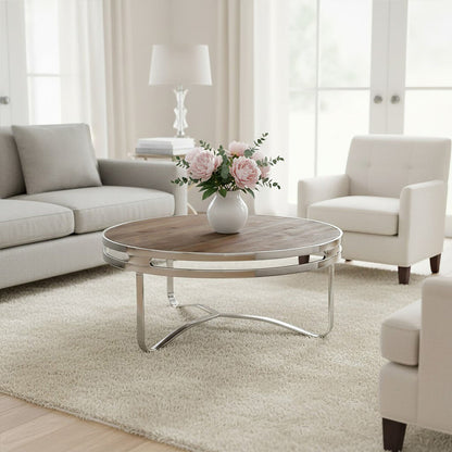 Natural Pine Wood Round Coffee Table with Metallic Silver Curved Leg Base | Richmond