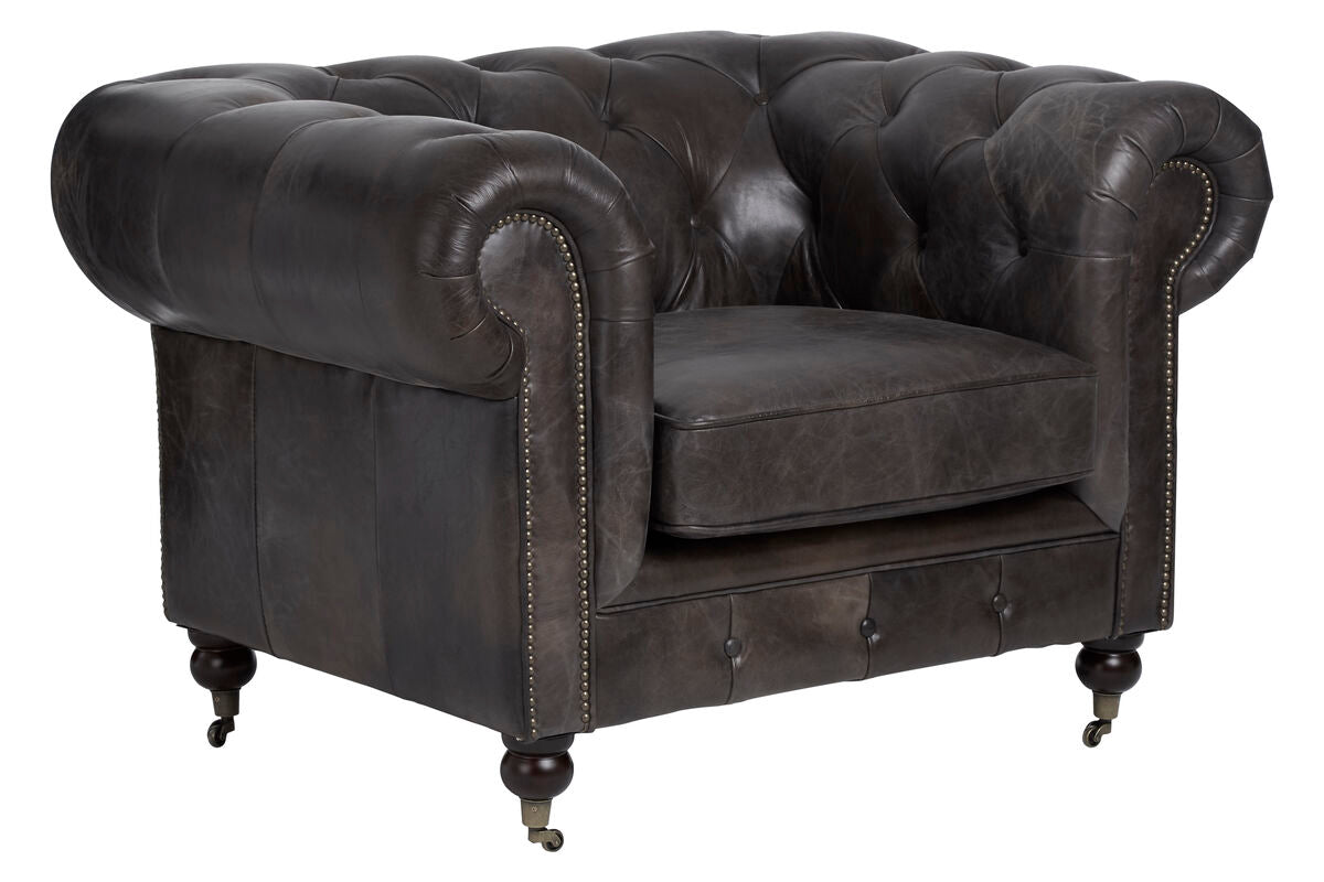 Victor Dark Grey Brown Leather Chesterfield Chair with Walnut Wood Legs