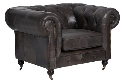 Victor Dark Grey Brown Leather Chesterfield Chair with Walnut Wood Legs