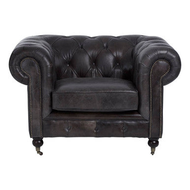 Victor Dark Grey Brown Leather Chesterfield Chair with Walnut Wood Legs