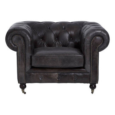 Victor Dark Grey Brown Leather Chesterfield Chair with Walnut Wood Legs