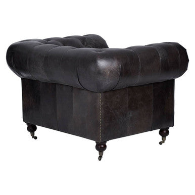 Victor Dark Grey Brown Leather Chesterfield Chair with Walnut Wood Legs