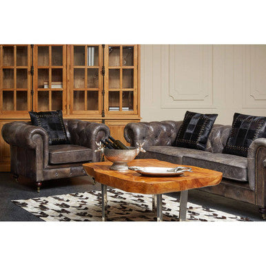 Victor Dark Grey Brown Leather Chesterfield Chair with Walnut Wood Legs